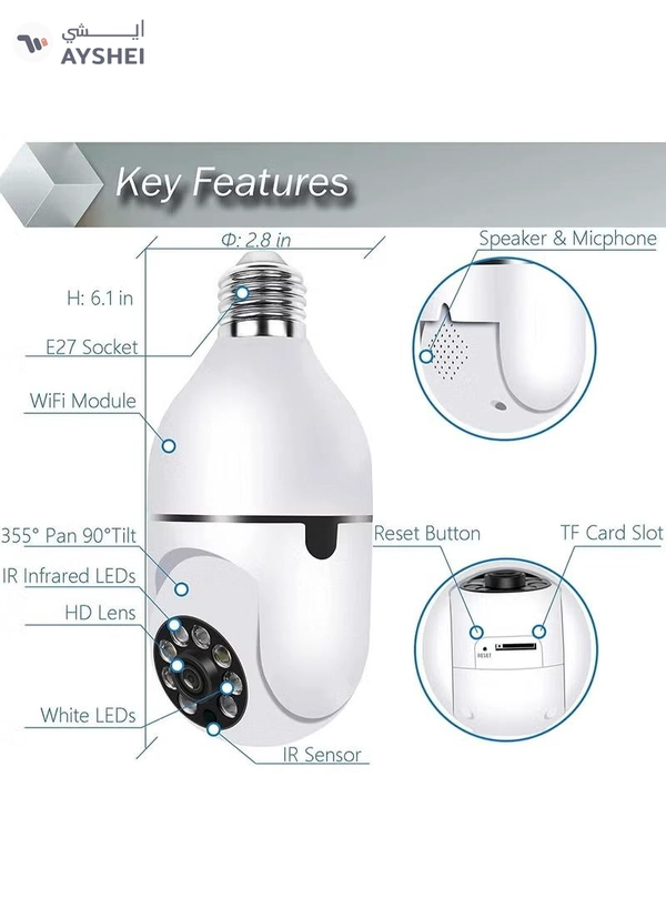 Eworld 360 Degree Wireless WIFI Light Bulb Security Camera with Motion Detection