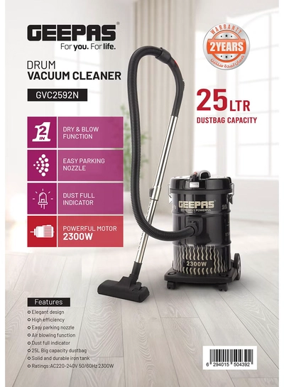 GEEPAS Drum Vacuum Cleaner With 25 L Dust Bag Capacity with Elegant Body, Iron Tank/ Powerful Suction, Dry and Blow Function, Full Indicator/ Perfect for Home, Office, Apartments/ 2 Years Warranty 25 L 2300 W GVC2592N Black-0