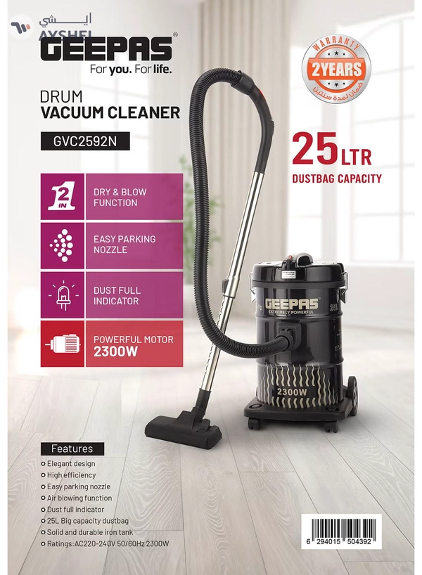 GEEPAS Drum Vacuum Cleaner With 25 L Dust Bag Capacity with Elegant Body, Iron Tank/ Powerful Suction, Dry and Blow Function, Full Indicator/ Perfect for Home, Office, Apartments/ 2 Years Warranty 25 L 2300 W GVC2592N Black