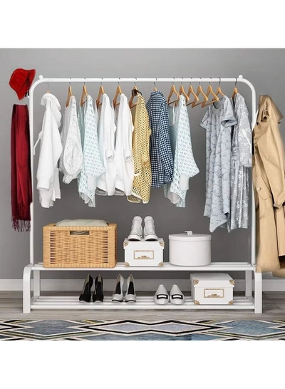DubaiGallery Sturdy Garment Rack Heavy Duty Double Pole Clothes Rail with Shoe Rack Shelf Coat Display Stand with 4 Wheels for Bedroom Office Entryway-0