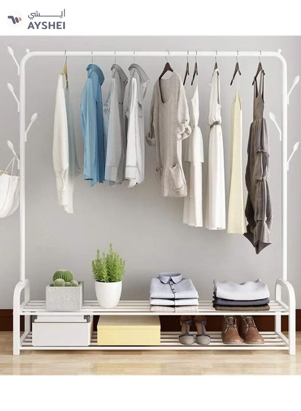 DubaiGallery Sturdy Garment Rack Heavy Duty Double Pole Clothes Rail with Shoe Rack Shelf Coat Display Stand with 4 Wheels for Bedroom Office Entryway-3-3