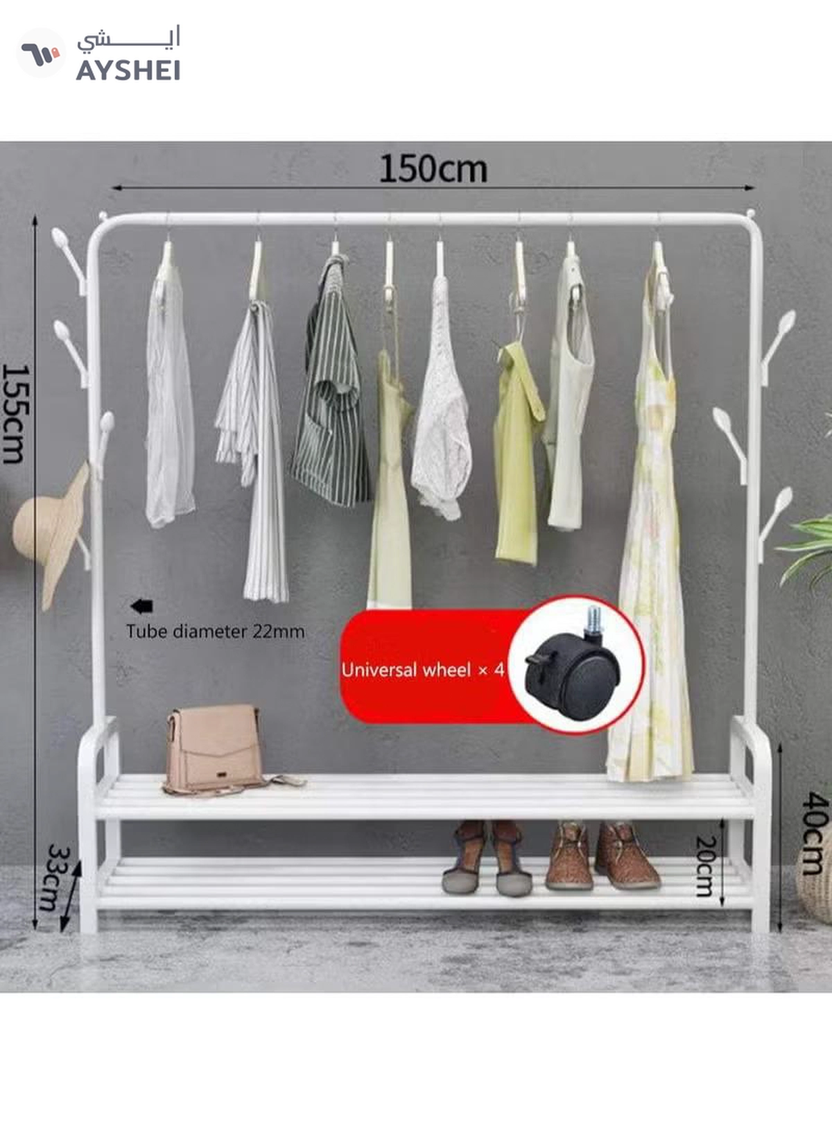 DubaiGallery Sturdy Garment Rack Heavy Duty Double Pole Clothes Rail with Shoe Rack Shelf Coat Display Stand with 4 Wheels for Bedroom Office Entryway-2-2