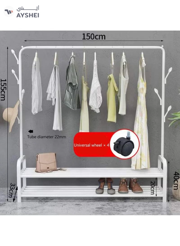 DubaiGallery Sturdy Garment Rack Heavy Duty Double Pole Clothes Rail with Shoe Rack Shelf Coat Display Stand with 4 Wheels for Bedroom Office Entryway