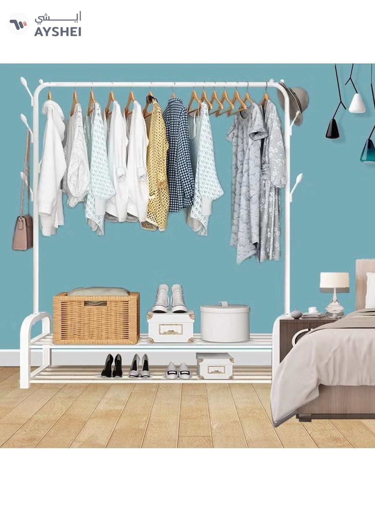 DubaiGallery Sturdy Garment Rack Heavy Duty Double Pole Clothes Rail with Shoe Rack Shelf Coat Display Stand with 4 Wheels for Bedroom Office Entryway-1-1