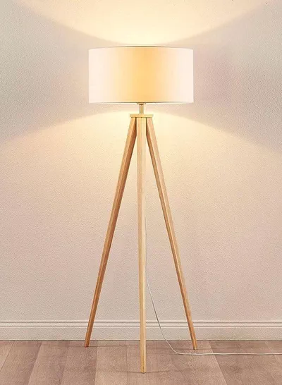 Floor Lamp with Tripod, Mid Century Modern Floor Lamp for Contemporary Living Room, High Survey Lamp with Wooden Legs, with LED Bulbs-0