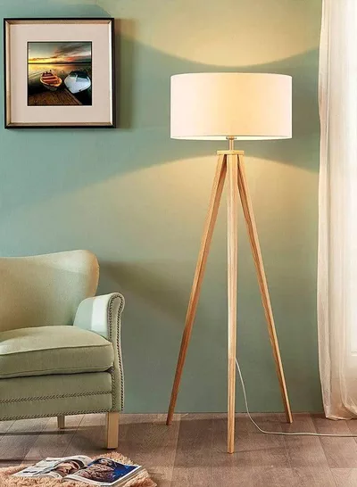 Floor Lamp with Tripod, Mid Century Modern Floor Lamp for Contemporary Living Room, High Survey Lamp with Wooden Legs, with LED Bulbs-1