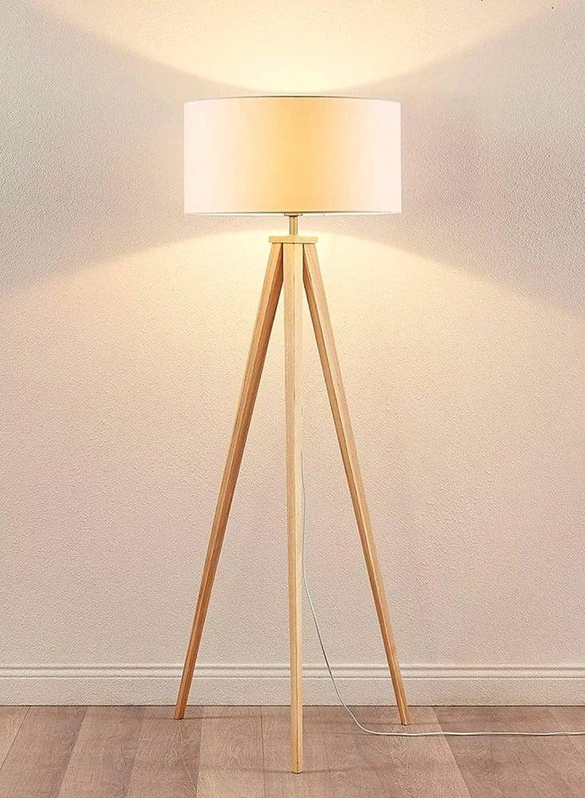 Floor Lamp with Tripod, Mid Century Modern Floor Lamp for Contemporary Living Room, High Survey Lamp with Wooden Legs, with LED Bulbs