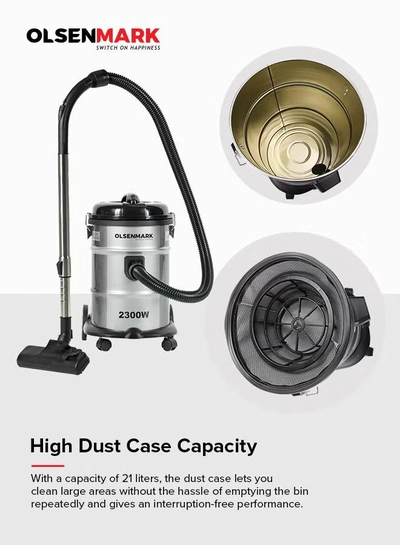 Olsenmark Drum Vacuum Cleaner with dust capacity, Dust Full Indicator, Adjustable Suction, Cord length: 5m Cable, 21 L 2300 W OMVC1574E Grey-5