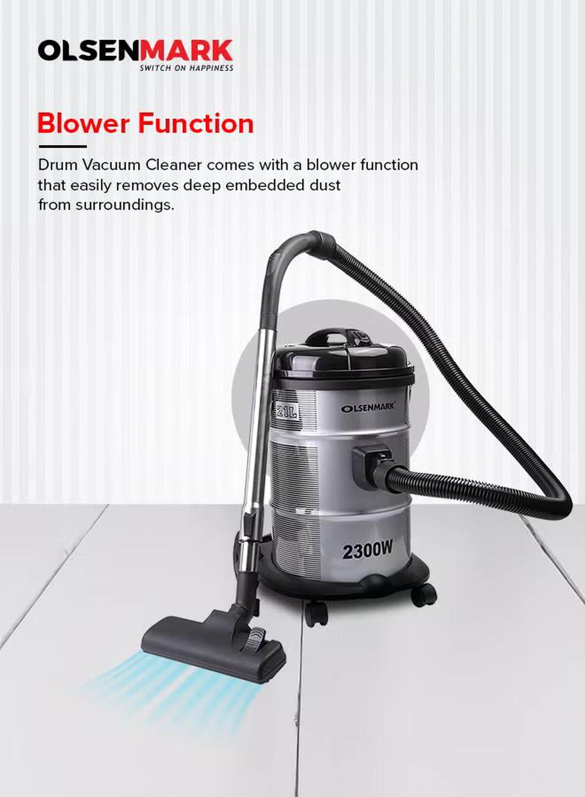 Olsenmark Drum Vacuum Cleaner with dust capacity, Dust Full Indicator, Adjustable Suction, Cord length: 5m Cable, 21 L 2300 W OMVC1574E Grey-3-3