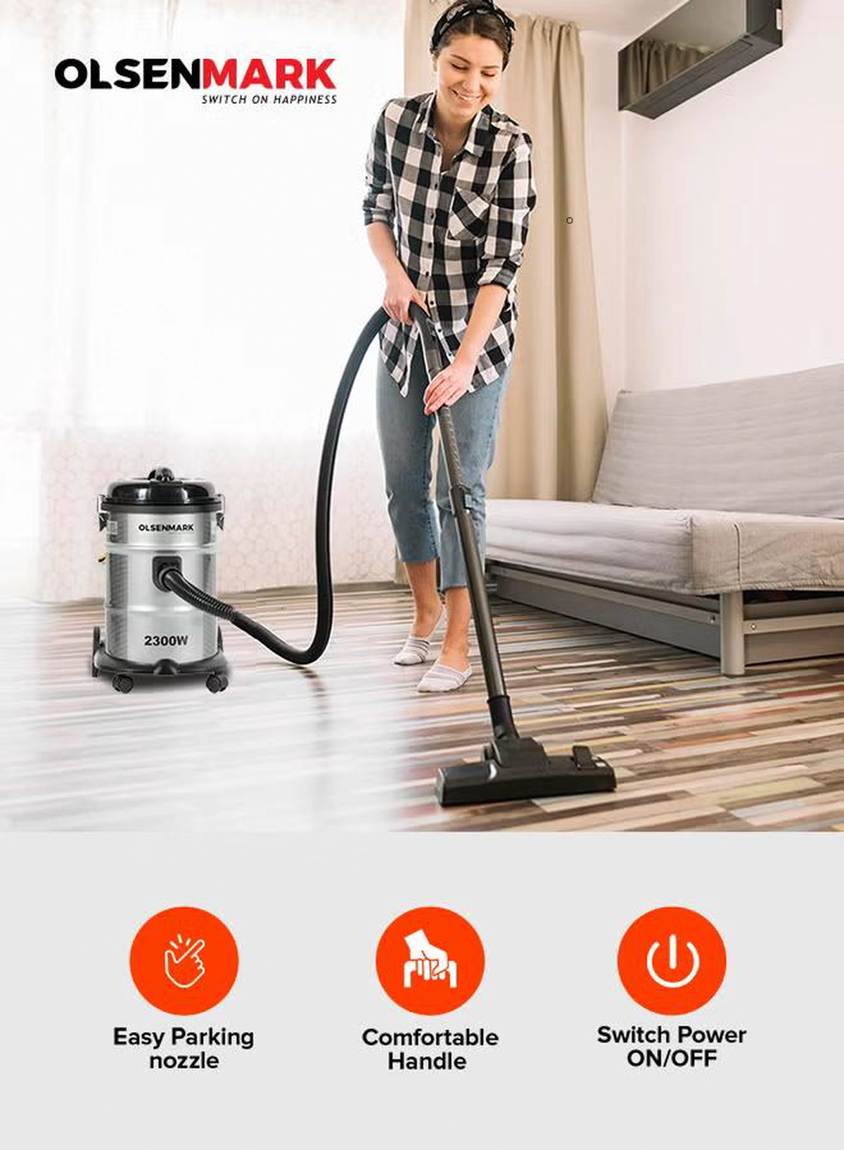 Olsenmark Drum Vacuum Cleaner with dust capacity, Dust Full Indicator, Adjustable Suction, Cord length: 5m Cable, 21 L 2300 W OMVC1574E Grey-2-2