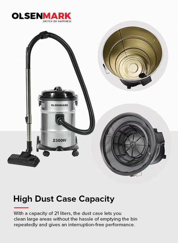 Olsenmark Drum Vacuum Cleaner with dust capacity, Dust Full Indicator, Adjustable Suction, Cord length: 5m Cable, 21 L 2300 W OMVC1574E Grey