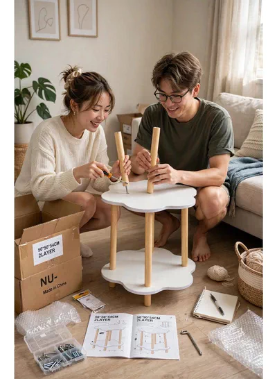 Modern 2-Layer Decorative End Table, 50×50×54CM Flower Design with Smooth White Shelves and Four Wooden Support Legs, Perfect Compact Furniture for Home Décor, Living Areas, Bedrooms, and Offices-4