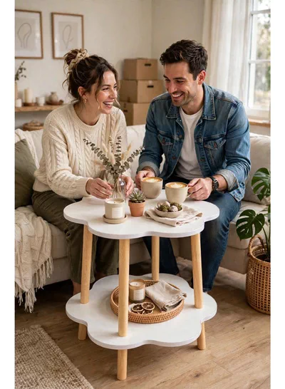 Modern 2-Layer Decorative End Table, 50×50×54CM Flower Design with Smooth White Shelves and Four Wooden Support Legs, Perfect Compact Furniture for Home Décor, Living Areas, Bedrooms, and Offices-5