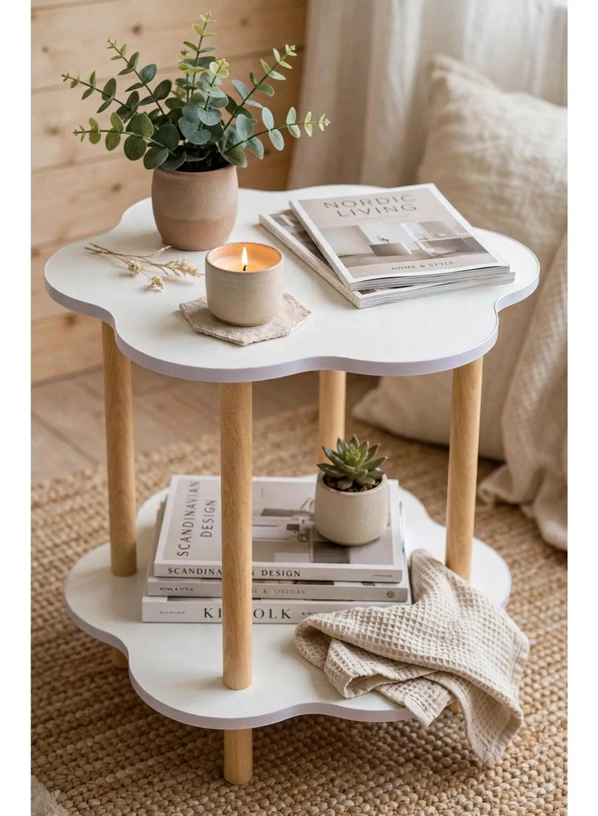 Modern 2-Layer Decorative End Table, 50×50×54CM Flower Design with Smooth White Shelves and Four Wooden Support Legs, Perfect Compact Furniture for Home Décor, Living Areas, Bedrooms, and Offices