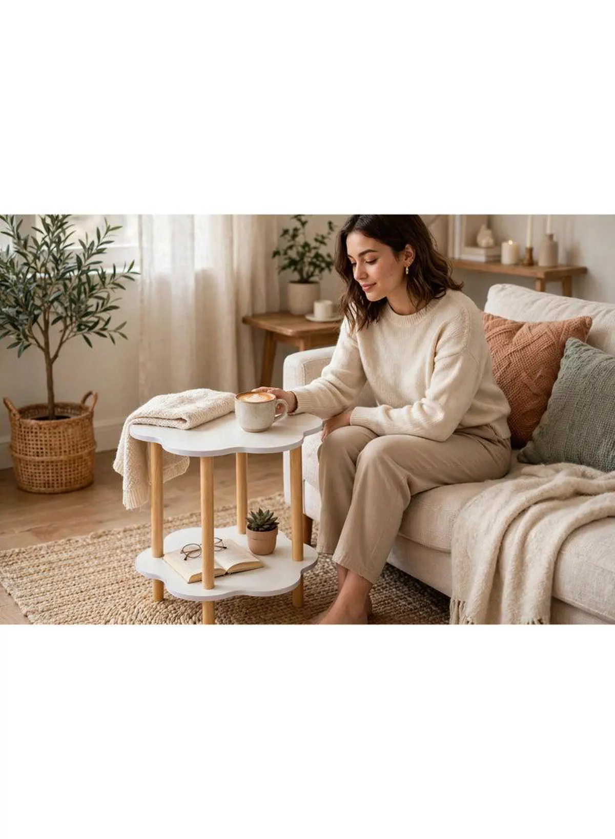 Modern 2-Layer Decorative End Table, 50×50×54CM Flower Design with Smooth White Shelves and Four Wooden Support Legs, Perfect Compact Furniture for Home Décor, Living Areas, Bedrooms, and Offices-2-2