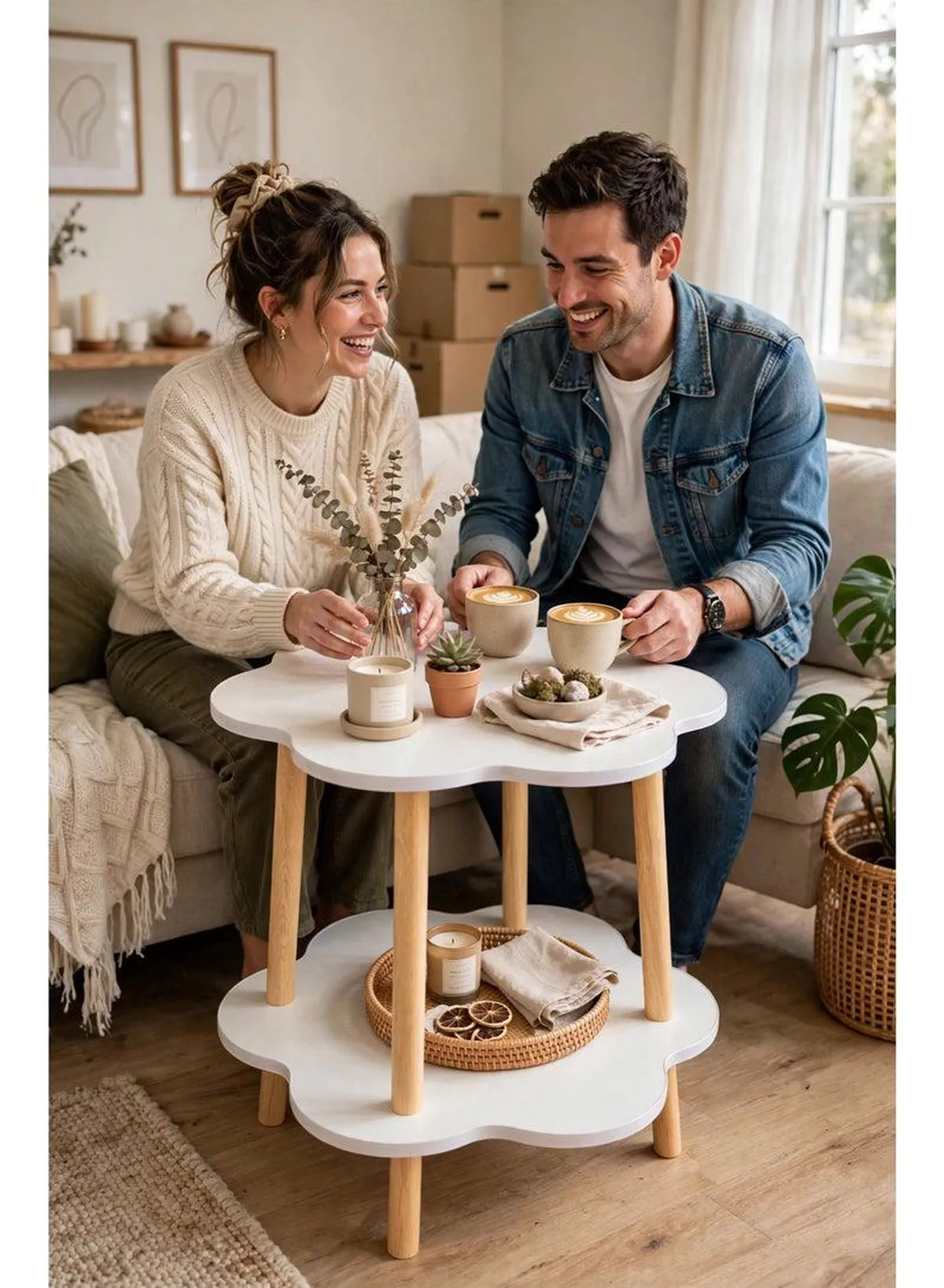 Modern 2-Layer Decorative End Table, 50×50×54CM Flower Design with Smooth White Shelves and Four Wooden Support Legs, Perfect Compact Furniture for Home Décor, Living Areas, Bedrooms, and Offices-5-5