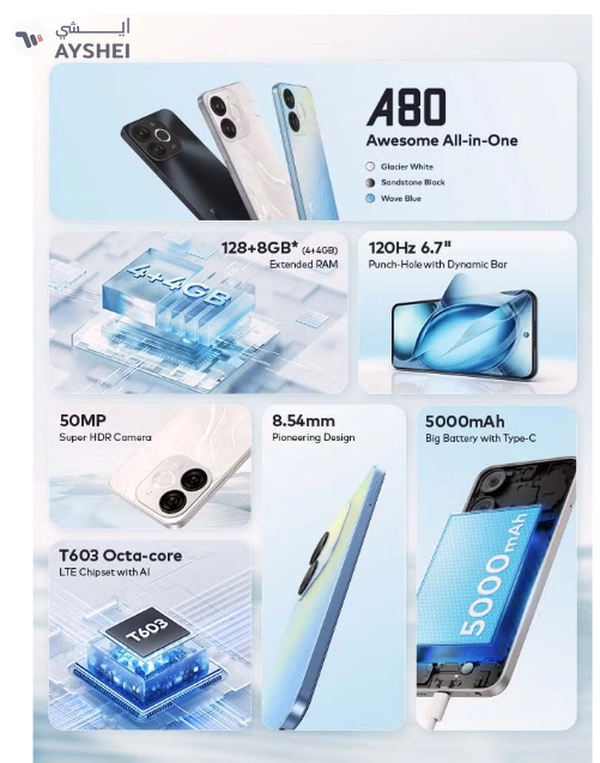 ITEL A80 Dual SIM Glacier White 4+4GB RAM 128GB 4G - Middle East Version