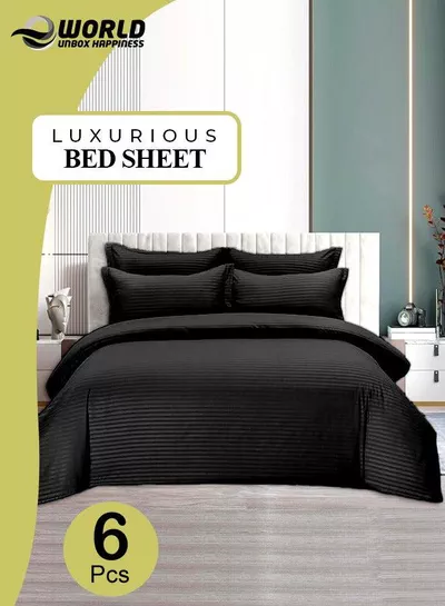 6-Piece Premium King Size Bedding Set, Black Striped Design and High Quality Microfiber Hotel Luxury Bedsheet Soft Quilt Cover and Pillowcases-0
