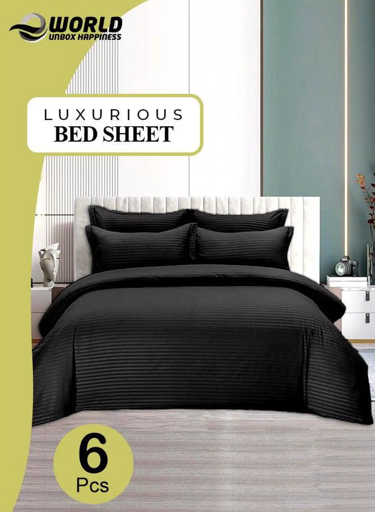 6-Piece Premium King Size Bedding Set, Black Striped Design and High Quality Microfiber Hotel Luxury Bedsheet Soft Quilt Cover and Pillowcases