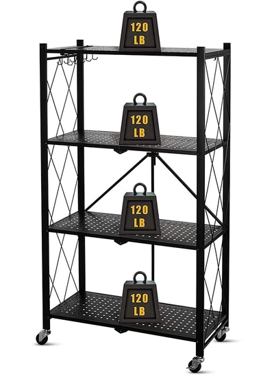 DubaiGallery Collapsible Standing Shelf, Modular Storage Shelf, Heavy Duty Metal Storage Rack with Wheels, Free Standing Storage Rack (Black, 4 Tiers)-0