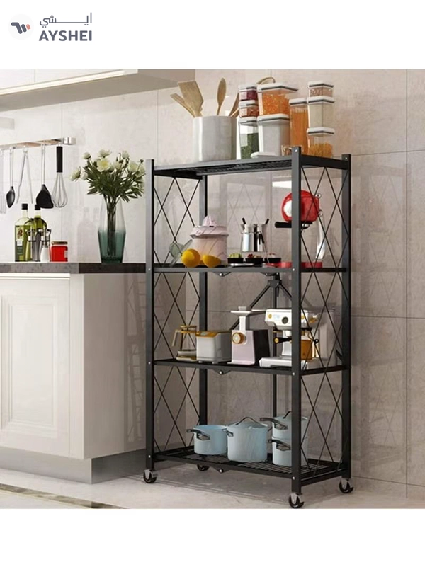 DubaiGallery Collapsible Standing Shelf, Modular Storage Shelf, Heavy Duty Metal Storage Rack with Wheels, Free Standing Storage Rack (Black, 4 Tiers)