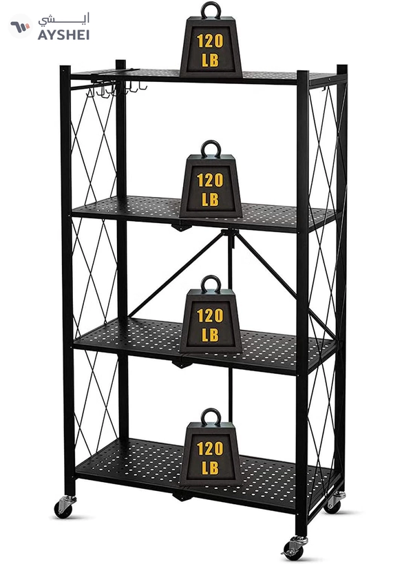 DubaiGallery Collapsible Standing Shelf, Modular Storage Shelf, Heavy Duty Metal Storage Rack with Wheels, Free Standing Storage Rack (Black, 4 Tiers)