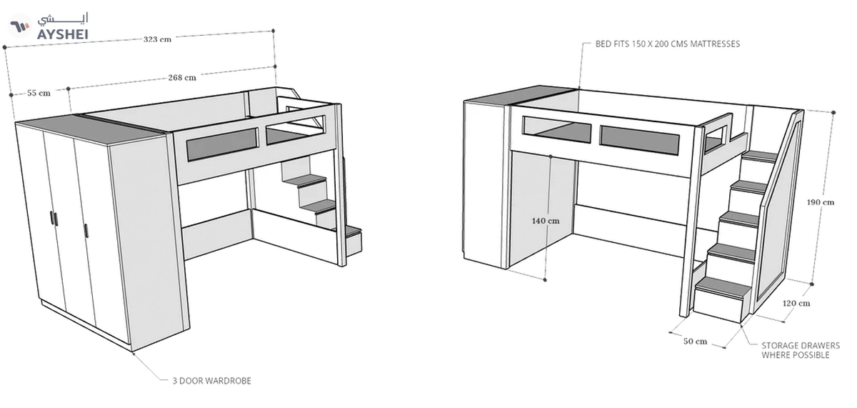 Elega Loft Bed with Cupbaord, Queen Size fits 150 x 200 cms mattresses-1-1