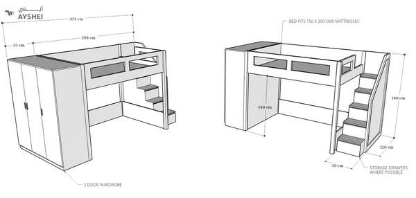 Elega Loft Bed with Cupbaord, Queen Size fits 150 x 200 cms mattresses