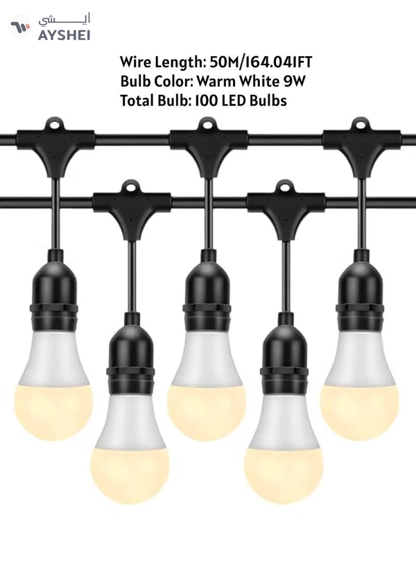 Yuwell Outdoor Waterproof IP65 Led String Lights E27 Holder 50 Meter Bulb Holder Wire With 100 LED Bulbs 9W Warm White With EU Plug Solar Bulb Holder For Ramadan Decoration Lights And Outdoor Decoration Light Hanging Light String Wire Ramadan Light For Commercial Patio Garden & Porch Yard