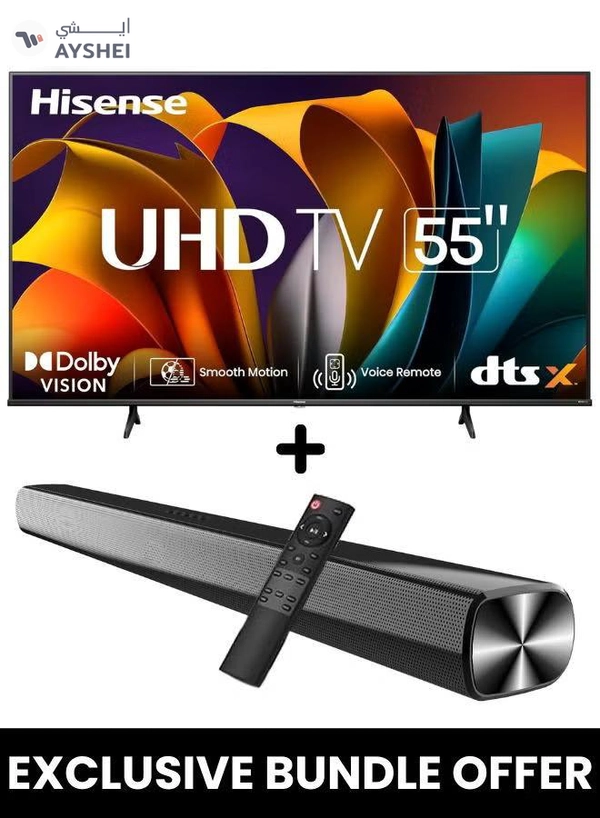 Hisense 55-Inch A61N 4K UHD LED Smart TV + Powerful 2.0 Ch Soundbar | VIDAA Smart OS, 60 Hz, HDR10, 4K AI Upscaling, Direct Full Array | USB, HDMI ARC, Bluetooth - 55A61N+SOUNDBAR (2024) 55A61N+SOUNDBAR black