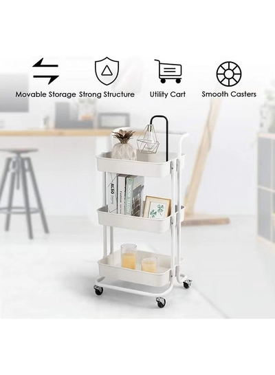 Roman Gifts 3-Tier Utility Cart Rolling Storage Shelf With Handles 2 Lockable Wheels White 86x42x30cm-3