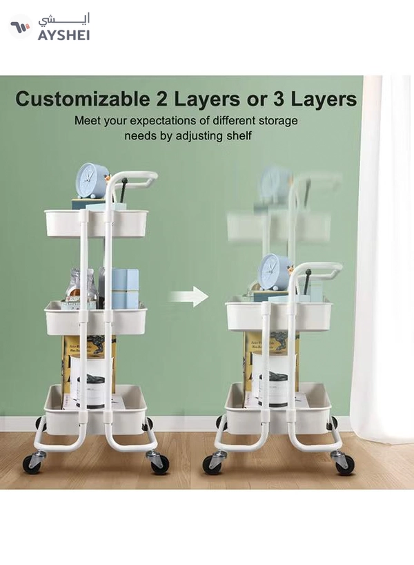 Roman Gifts 3-Tier Utility Cart Rolling Storage Shelf With Handles 2 Lockable Wheels White 86x42x30cm