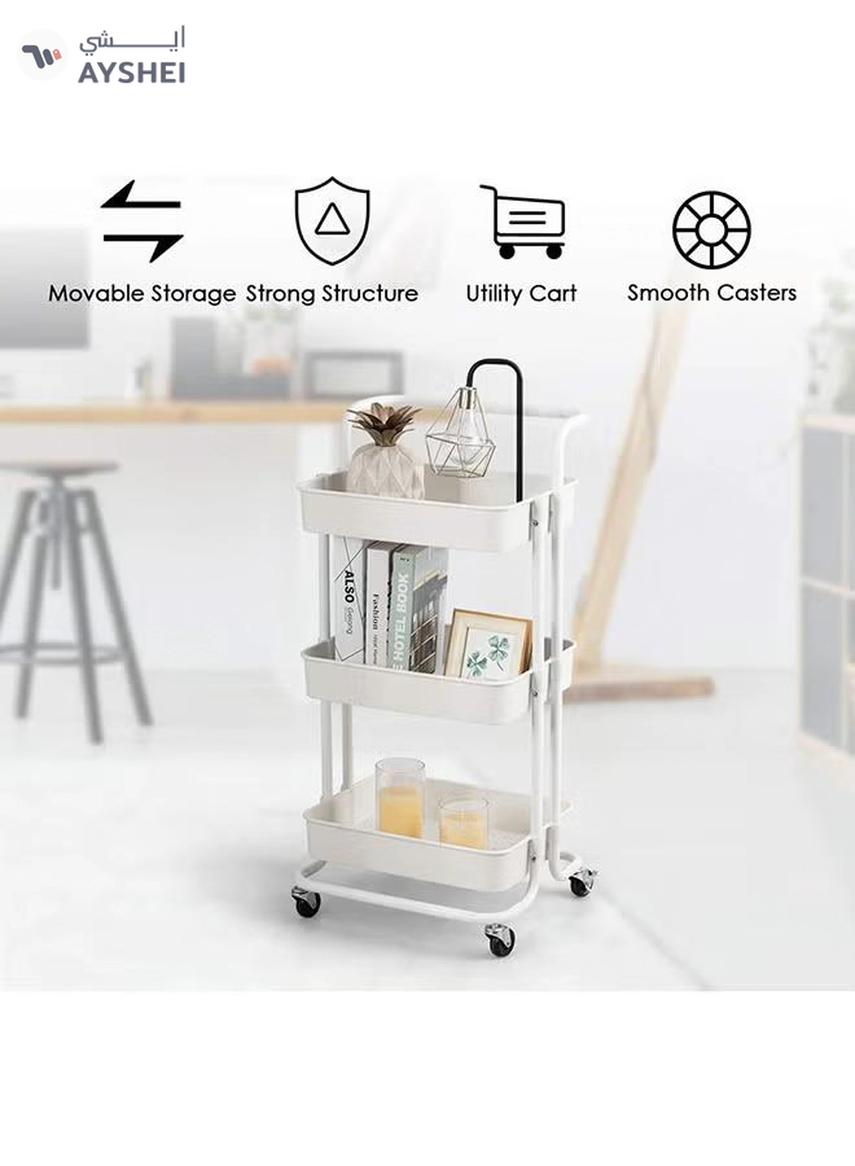 Roman Gifts 3-Tier Utility Cart Rolling Storage Shelf With Handles 2 Lockable Wheels White 86x42x30cm-3-3