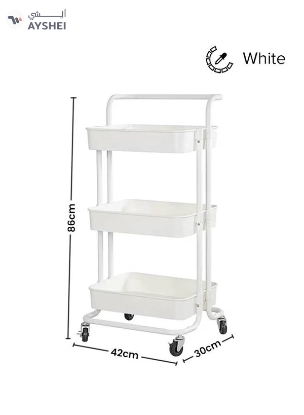 Roman Gifts 3-Tier Utility Cart Rolling Storage Shelf With Handles 2 Lockable Wheels White 86x42x30cm