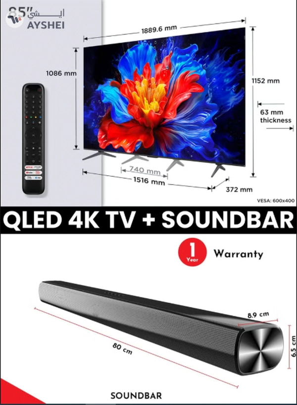 85-Inch P8K QLED 4K Smart TV + 2.0 Channel Premium Soundbar | [Google TV, AiPQ Pro Processor, 144Hz, HDR10+, Slim Uni-body] + [HDMI (ARC), USB, Bluetooth, FM Station, Aux] - (2025 Model) 85P8K+SOUNDBAR Black