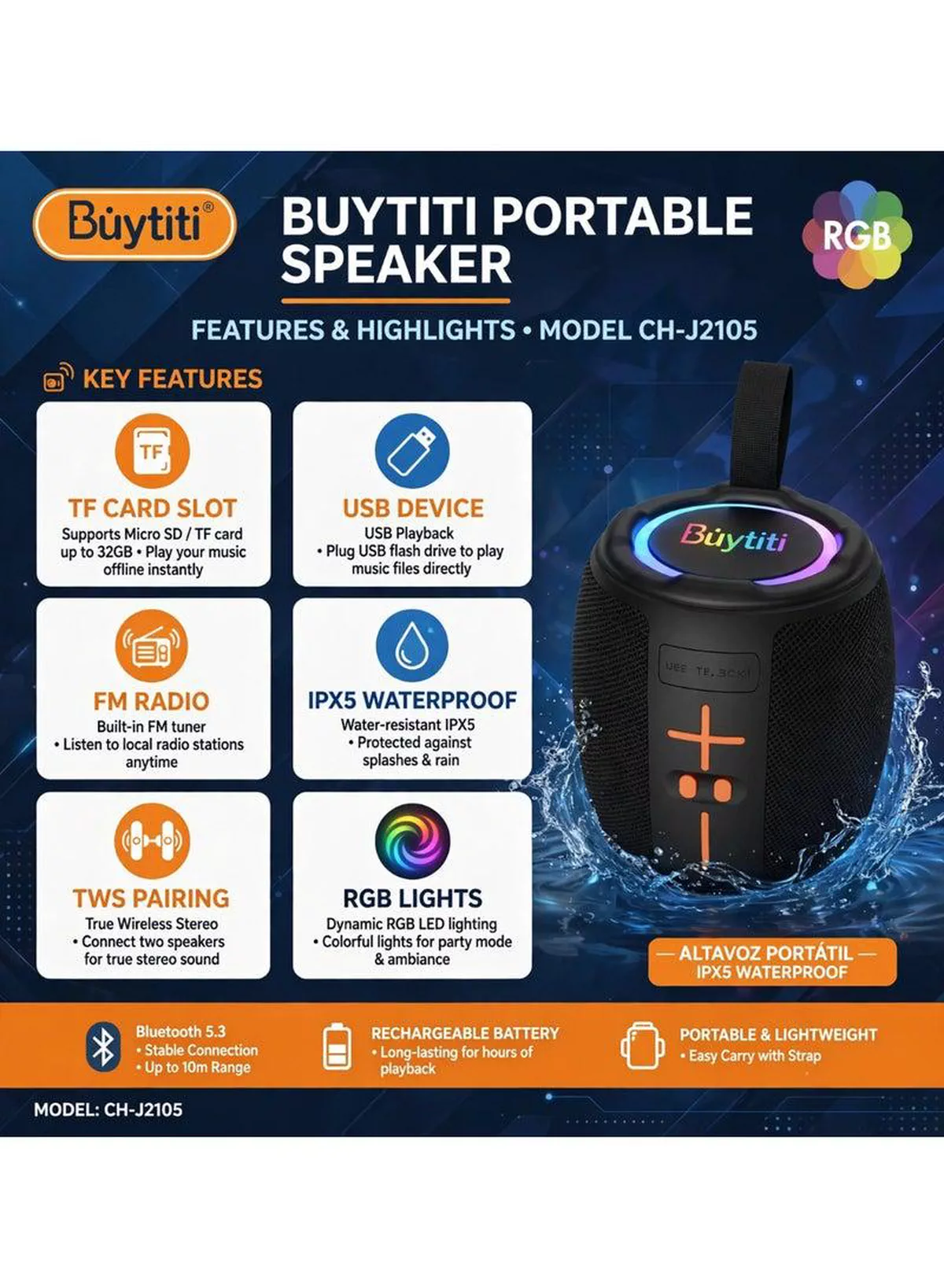 Buytiti CH-J2105 Bluetooth Portable Speaker with Dynamic RGB Lights, Powerful Sound Output, TWS Stereo Connection, FM Radio, USB and TF Card Compatibility, Rechargeable Battery, and Stylish Modern Design-3-3