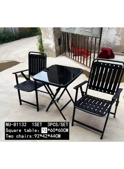 DubaiGallery Square Glass Table Outdoor Bistro Set with 2 Metal Chairs Chic and functional outdoor furniture set designed for comfort and durability, powder-coated metal frame, smooth glass tabletop, ideal for balcony relaxation or outdoor dining moments.-0