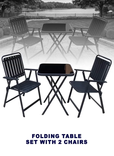 DubaiGallery Square Glass Table Outdoor Bistro Set with 2 Metal Chairs Chic and functional outdoor furniture set designed for comfort and durability, powder-coated metal frame, smooth glass tabletop, ideal for balcony relaxation or outdoor dining moments.-1