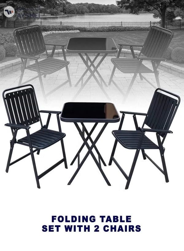 DubaiGallery Square Glass Table Outdoor Bistro Set with 2 Metal Chairs Chic and functional outdoor furniture set designed for comfort and durability, powder-coated metal frame, smooth glass tabletop, ideal for balcony relaxation or outdoor dining moments.