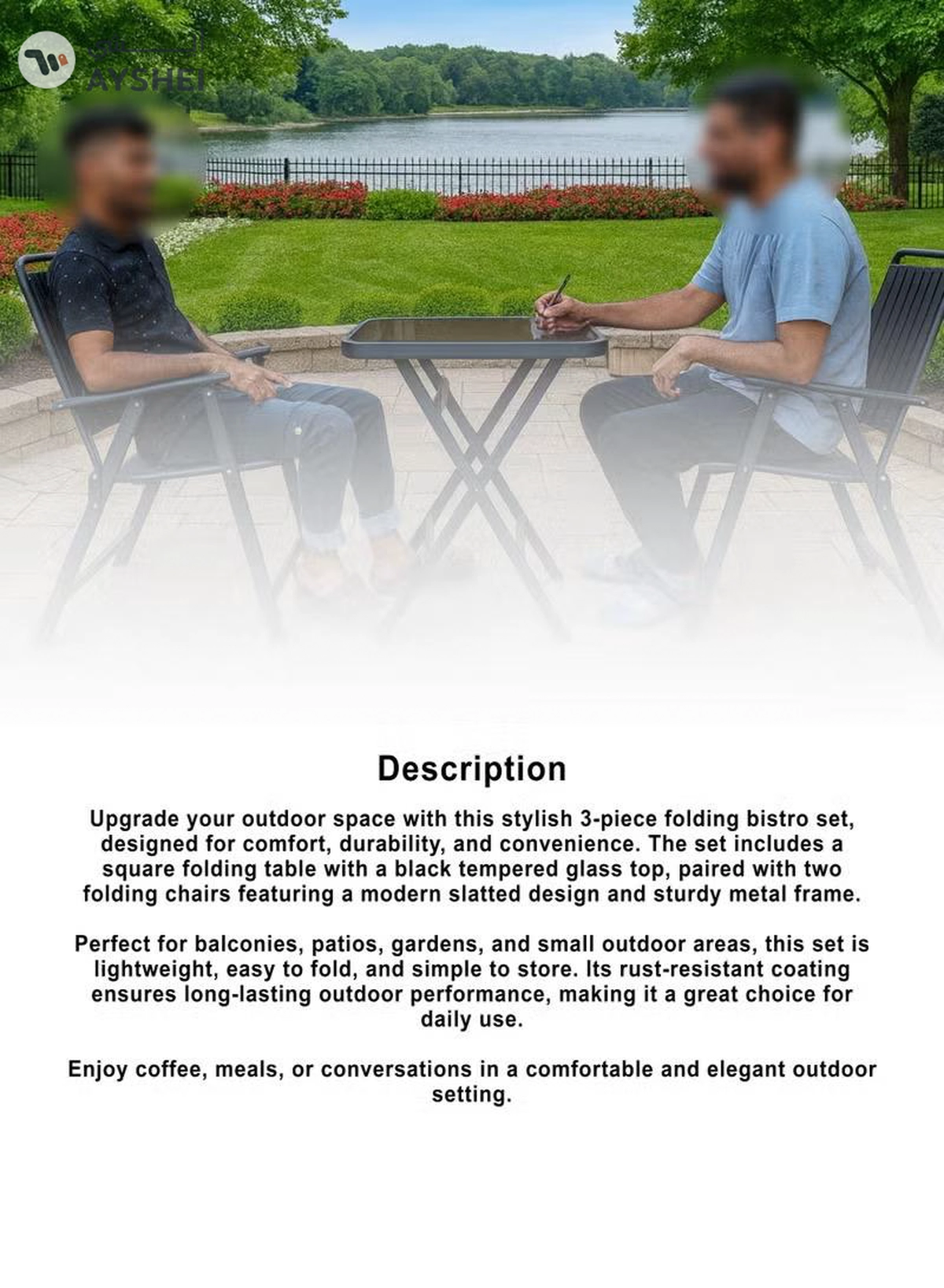 DubaiGallery Square Glass Table Outdoor Bistro Set with 2 Metal Chairs Chic and functional outdoor furniture set designed for comfort and durability, powder-coated metal frame, smooth glass tabletop, ideal for balcony relaxation or outdoor dining moments.-4-4