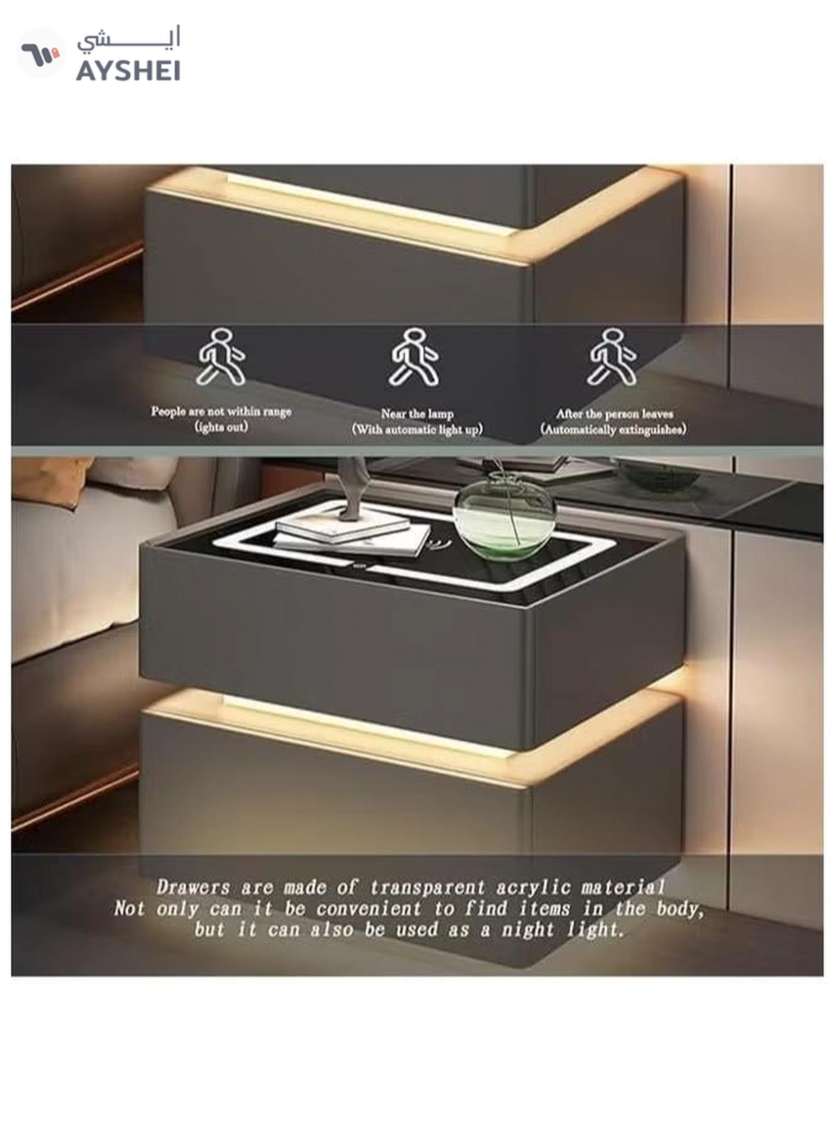 DubaiGallery Modern Bedside Nightstand Table with LED Mirror, Sensor Light, Wireless Charging and BT Speaker-2-2