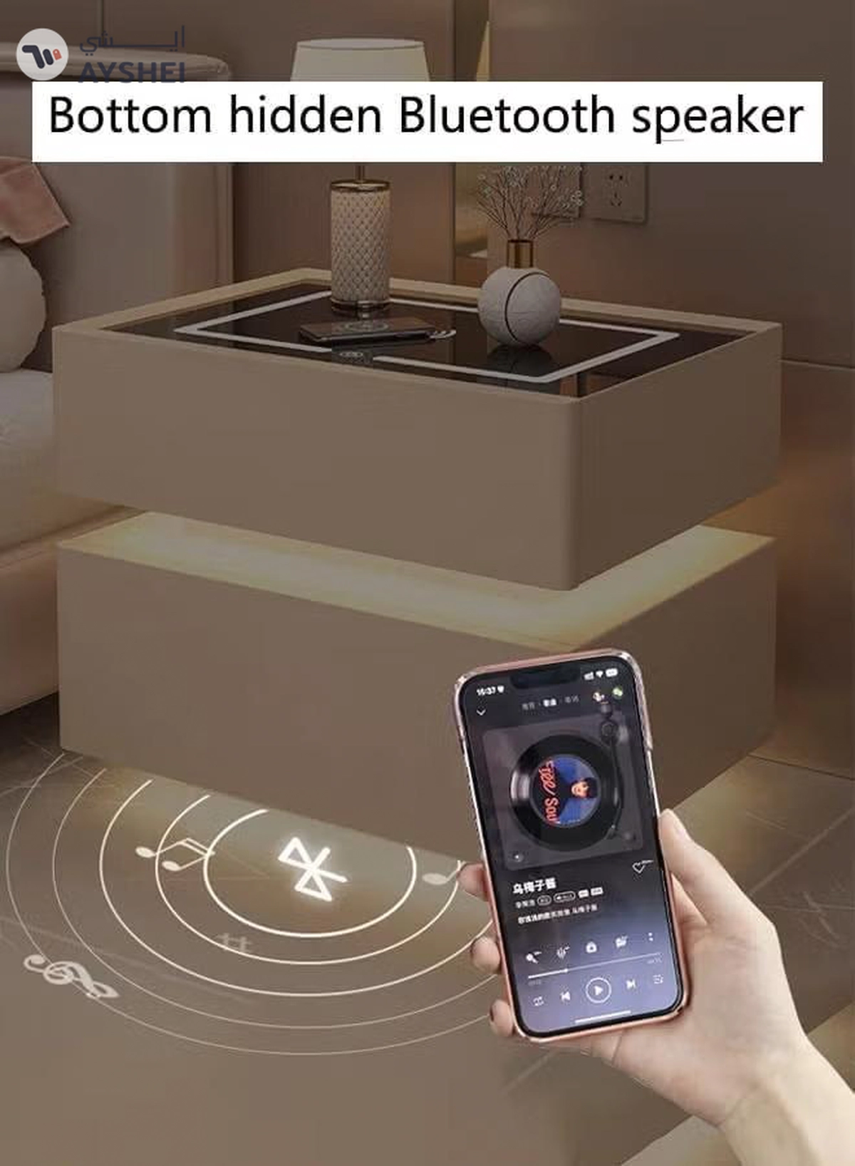 DubaiGallery Modern Bedside Nightstand Table with LED Mirror, Sensor Light, Wireless Charging and BT Speaker-1-1