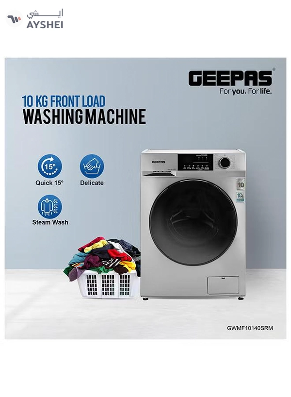 GEEPAS 10 KG Front Load Fully Automatic Washing Machine| Equipped With 15 Programs Including Quick Wash, Steam Wash, Cotton, Child Lock| 69L Drum Capacity 10 kg 2000 W 10 kg 2000 W GWMF10140SRM Silver/Black