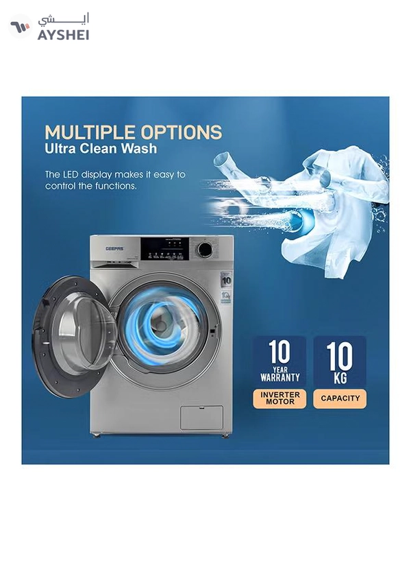 GEEPAS 10 KG Front Load Fully Automatic Washing Machine| Equipped With 15 Programs Including Quick Wash, Steam Wash, Cotton, Child Lock| 69L Drum Capacity 10 kg 2000 W 10 kg 2000 W GWMF10140SRM Silver/Black