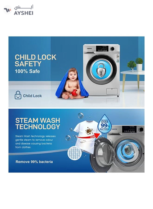 GEEPAS 10 KG Front Load Fully Automatic Washing Machine| Equipped With 15 Programs Including Quick Wash, Steam Wash, Cotton, Child Lock| 69L Drum Capacity 10 kg 2000 W 10 kg 2000 W GWMF10140SRM Silver/Black