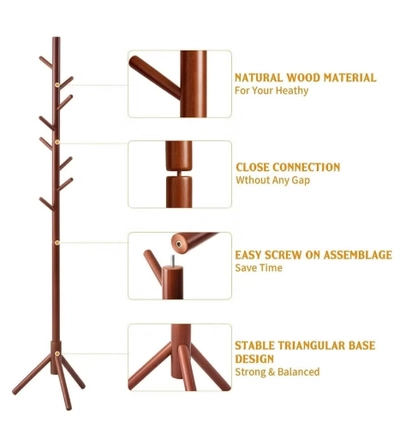 Daamudi Freestanding Living Room Coat Rack With 3 Wood Prong Legs Sections Hooks for Coats-1