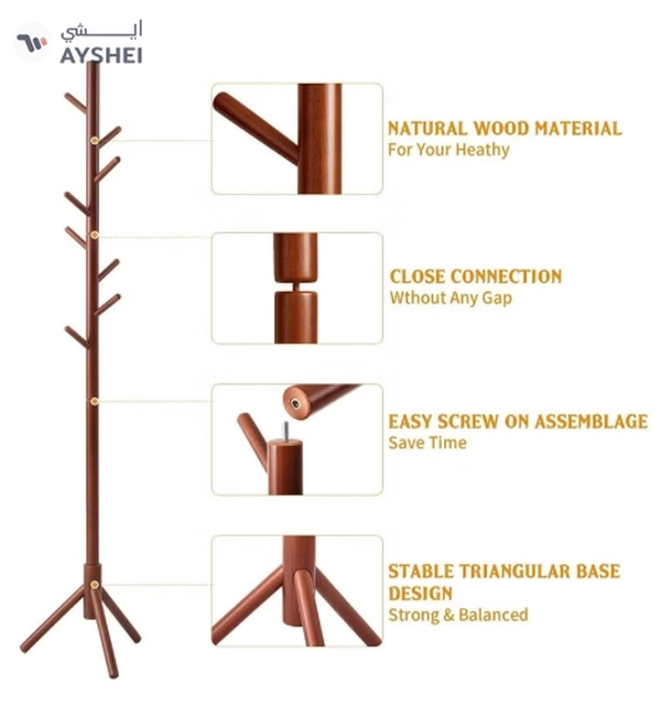 Daamudi Freestanding Living Room Coat Rack With 3 Wood Prong Legs Sections Hooks for Coats