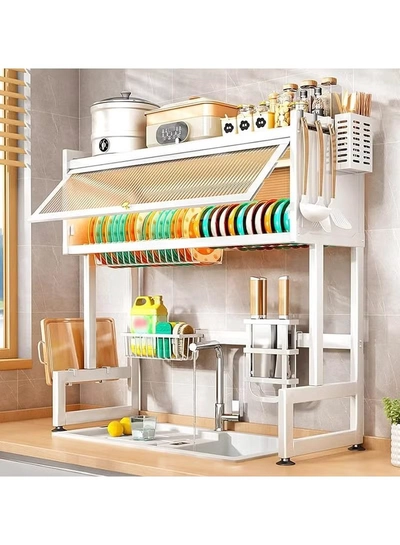DubaiGallery Metal Dish Cabinet Rack Dustproof Sink Rack With Cabinet Door Multi-functional Plate Drying Storage Kitchen Organizer-1