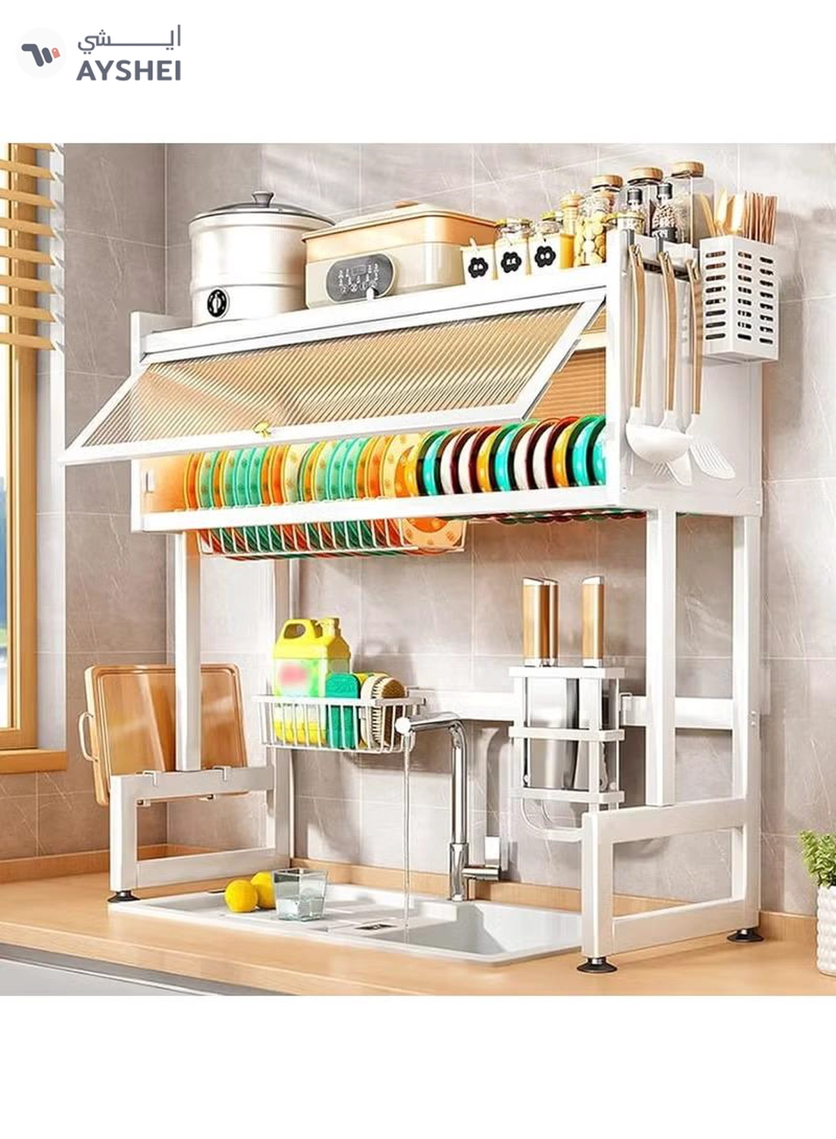 DubaiGallery Metal Dish Cabinet Rack Dustproof Sink Rack With Cabinet Door Multi-functional Plate Drying Storage Kitchen Organizer-1-1