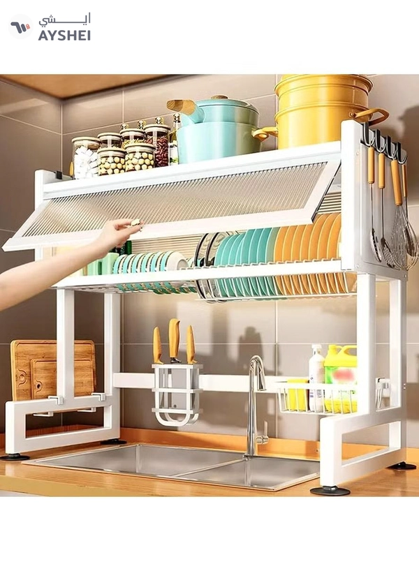 DubaiGallery Metal Dish Cabinet Rack Dustproof Sink Rack With Cabinet Door Multi-functional Plate Drying Storage Kitchen Organizer